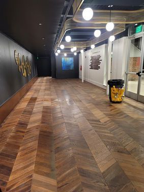 Hallway with herringbone wood floor, dark ceiling, and art on walls.