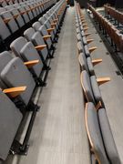 Rows of empty theater seats with gray cushions and wooden armrests.