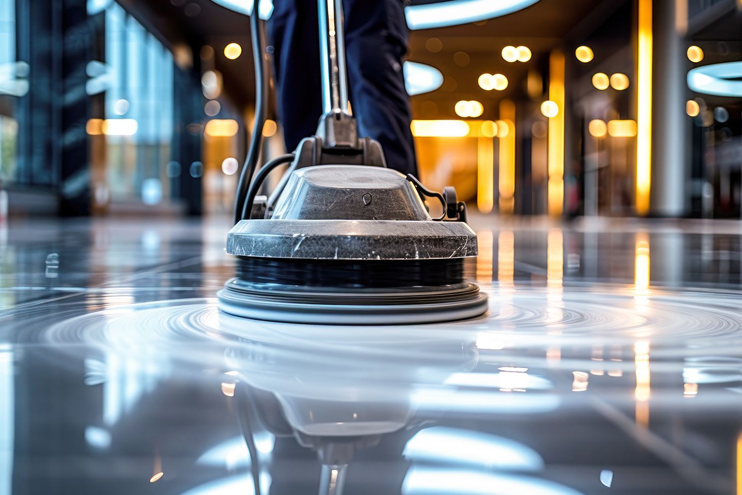 Professional janitorial staff performing industrial building cleaning service with a floor buffer.