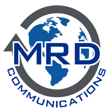 MRD Communications logo with blue globe, circular gray arrow, and bold blue initials