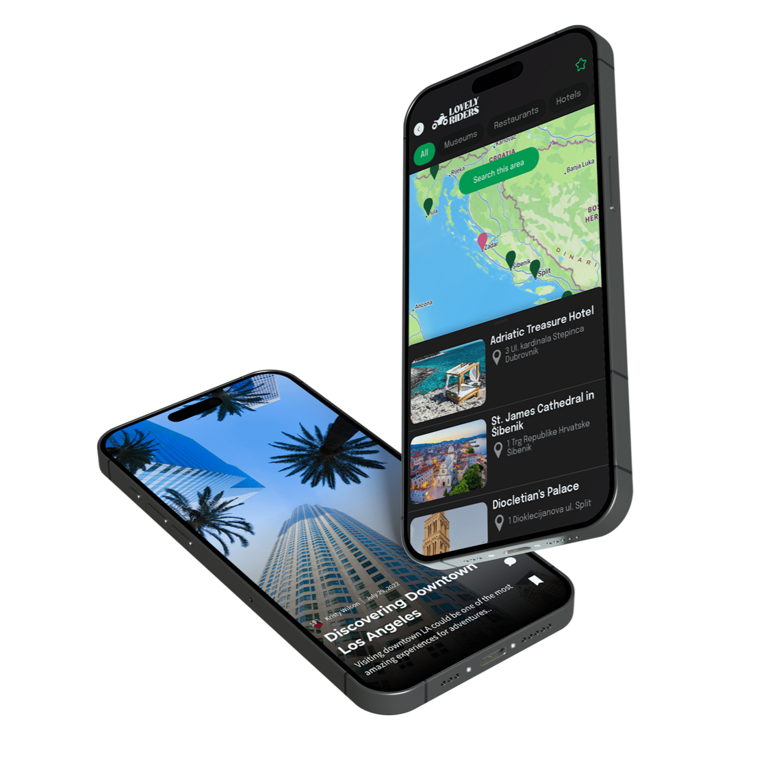 Two smartphones floating at an angle, one displaying a map and location list, the other a photo of Los Angeles architecture.