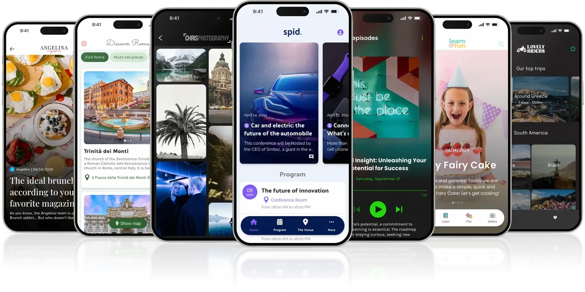 Seven smartphones arranged in a row, each displaying a different mobile app interface with varied layouts and imagery.
