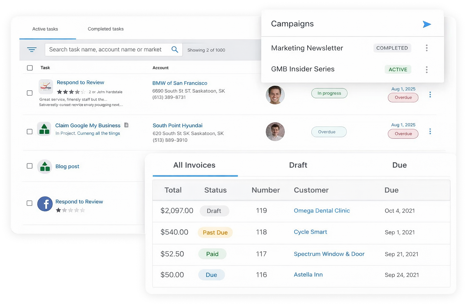 A dashboard displaying financial invoice tracking, campaign statuses, and a table of customer payments and due dates.
