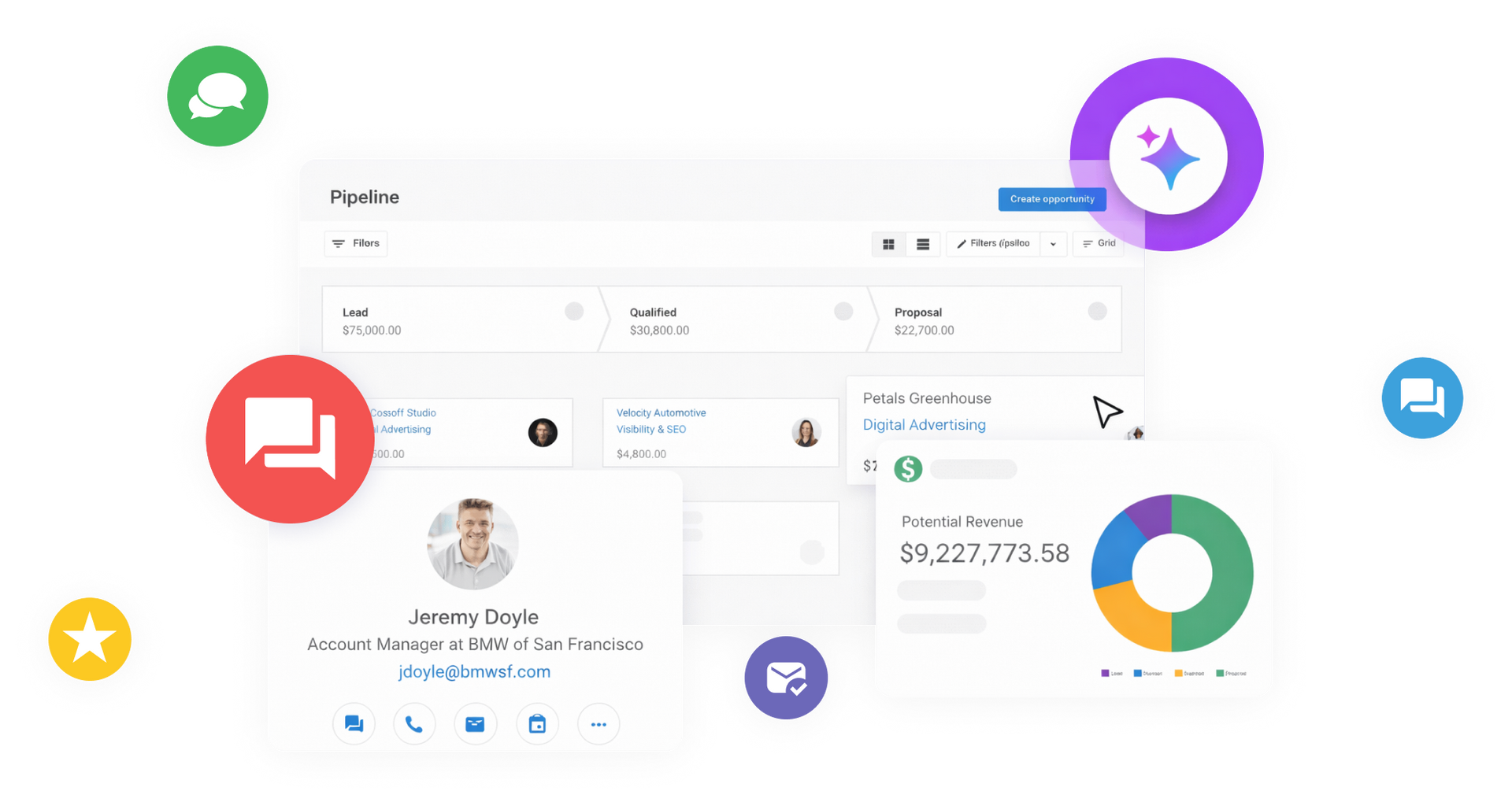 A digital dashboard showing project management charts, a user profile, and icons, symbolizing team collaboration software.