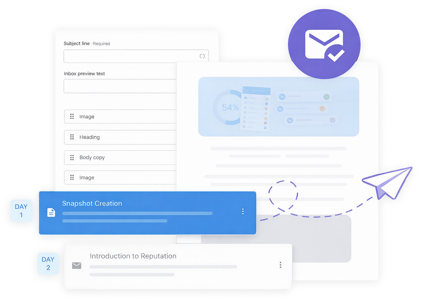 An email notification icon with a checkmark, shown above a digital document with task lists and a flying paper airplane.