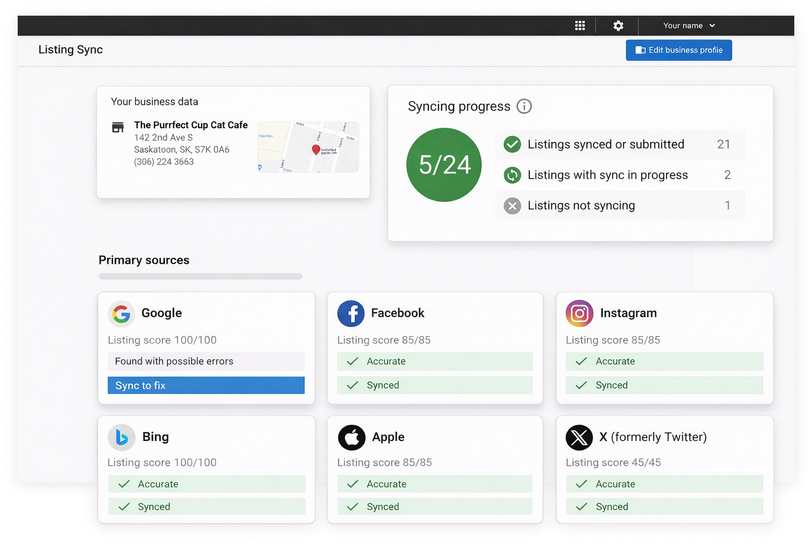 Listing Sync dashboard showing a 5/24 sync status, active primary sources including Google, Facebook, and Instagram.