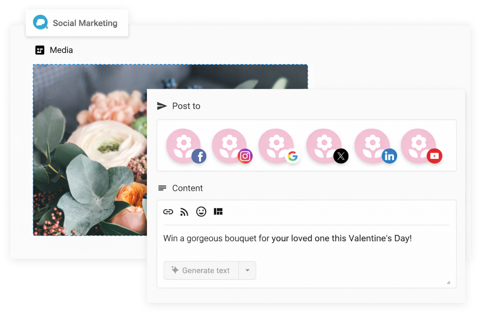 Social marketing tool showing a flower bouquet image, platform selection icons, and text field for a Valentine's post.