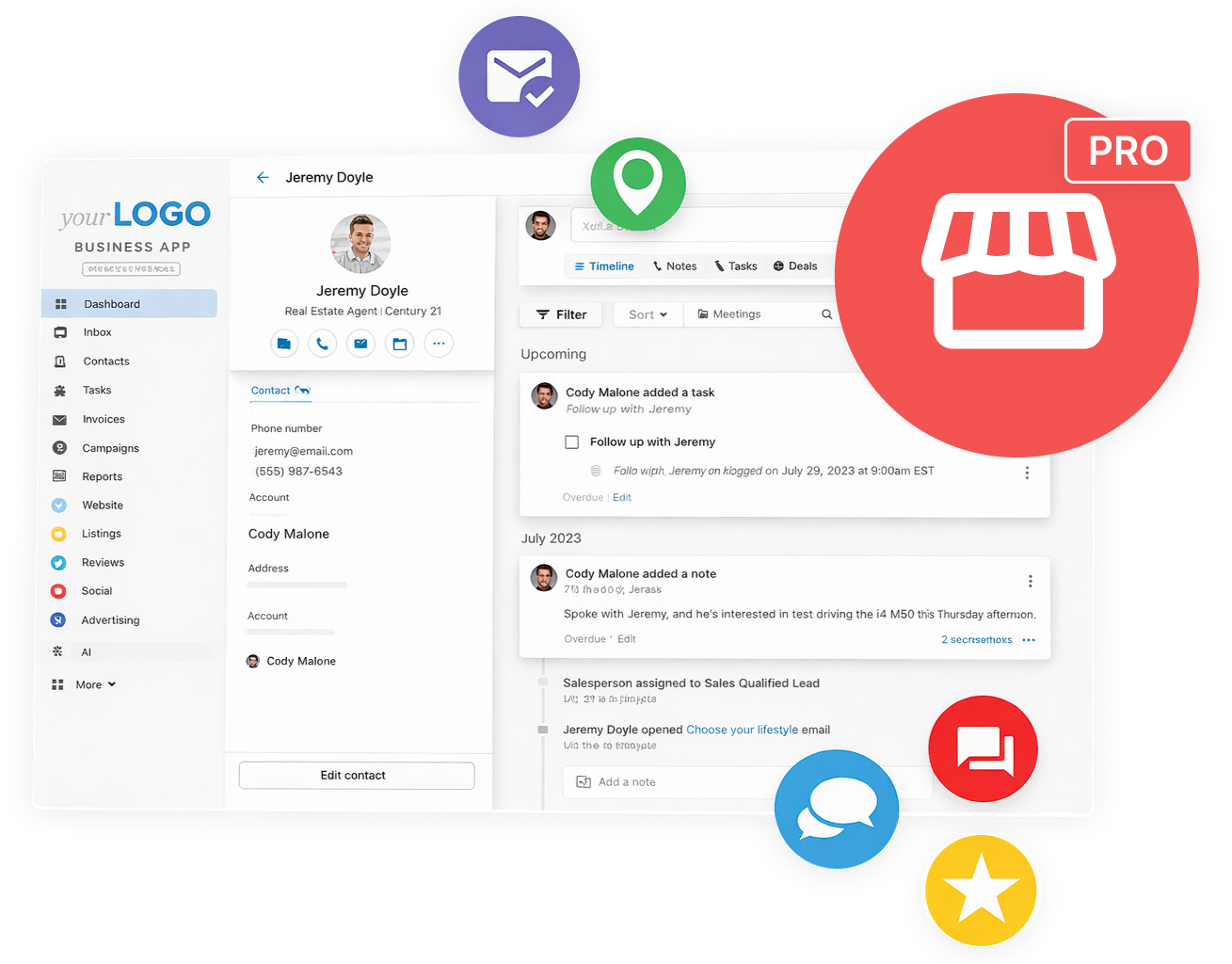 A digital dashboard interface showing user profiles and activity feeds with floating, colorful icons for business tools.