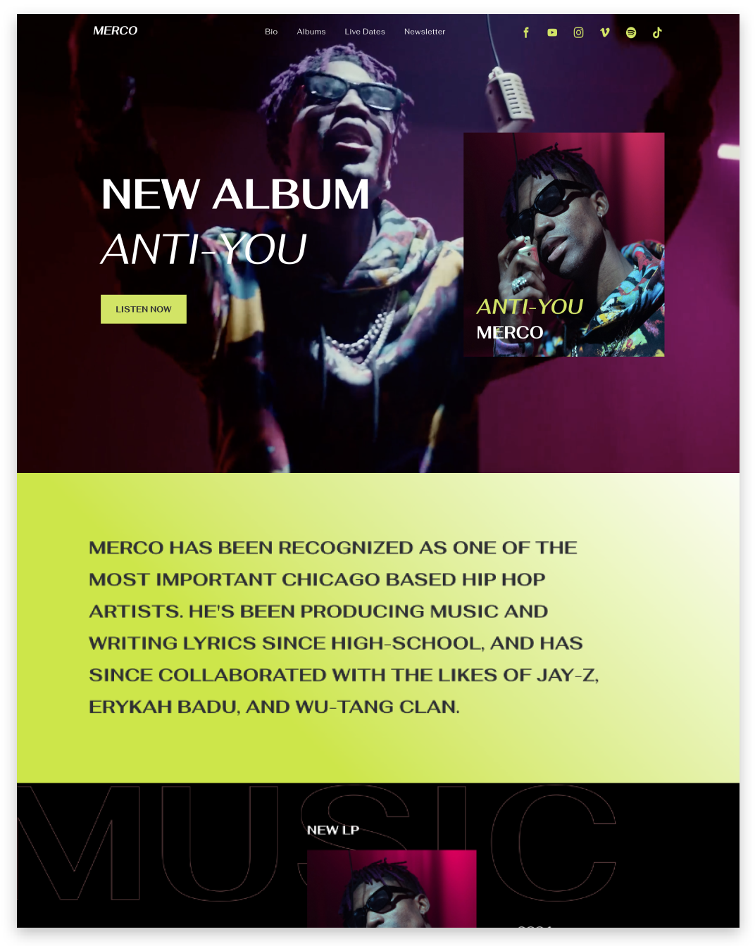 A promotional webpage for artist Nerco featuring his new album, 