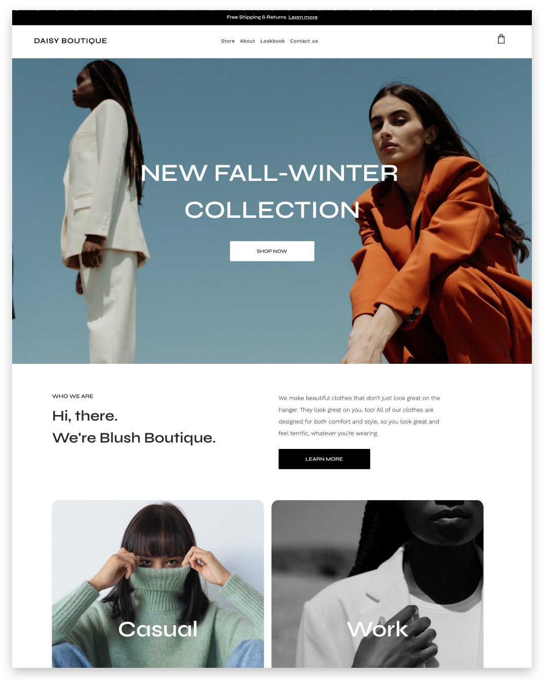 Homepage for Blush Boutique showing a seasonal fashion collection, clothing categories, and an about section.