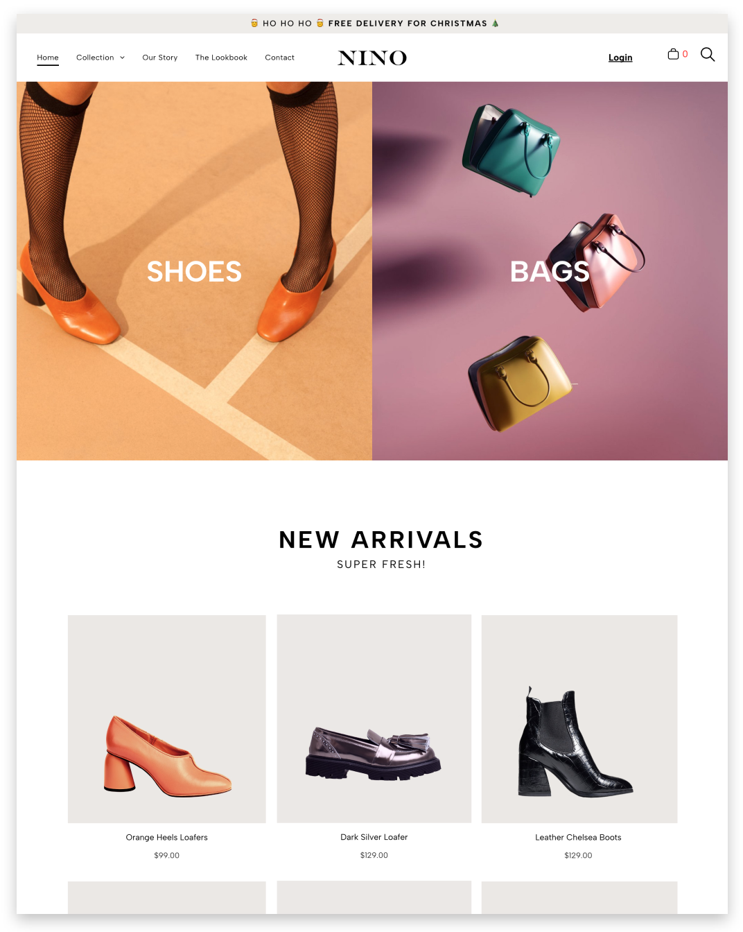 Homepage for Nino fashion brand showing shoes and bags, followed by a product grid of new arrivals.