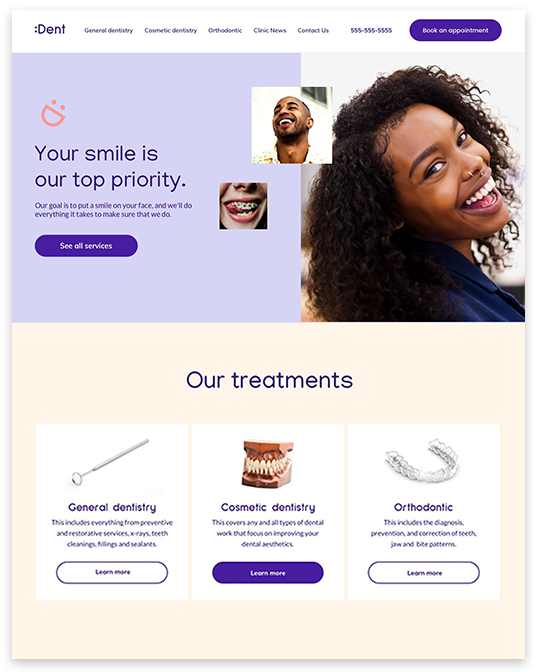Dentistry website homepage featuring a smiling person, dental treatment categories, and a Book an Appointment button.