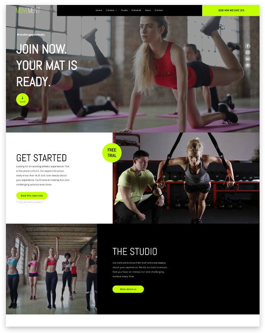 Website homepage for a fitness studio featuring exercise classes, training sessions, and a description of the facility.