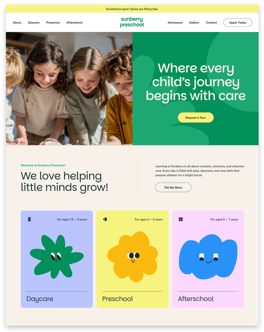 A colorful website homepage for a preschool featuring children, a green hero section, and three fun, illustrated cards.