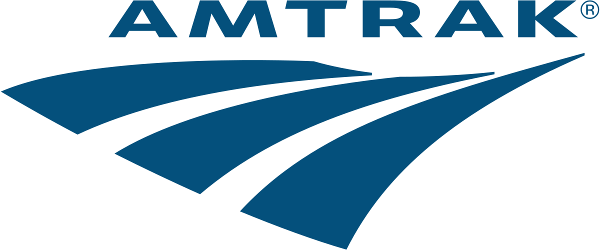 A blue and white amtrak logo on a white background