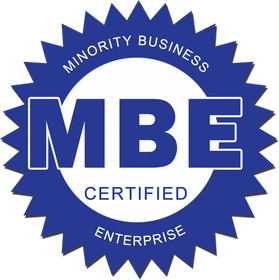 A black and white logo for a minority business certified enterprise.