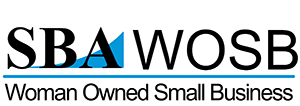 A white logo for a company called sba wosb.