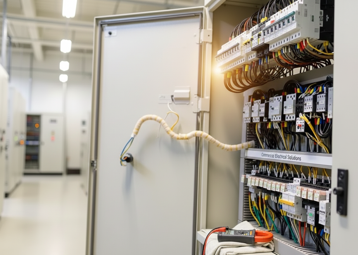 Open electrical panel with wires and components in a utility room.