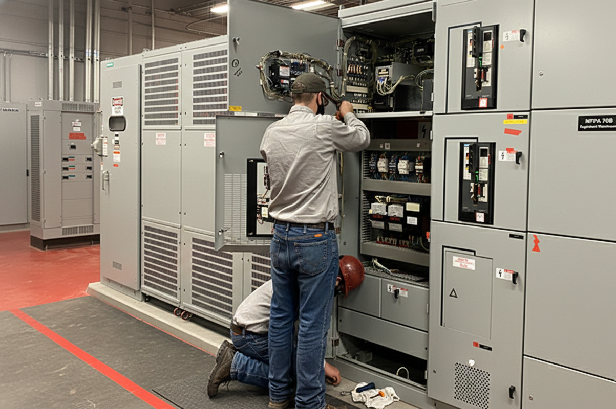 Two electricians in masks working on electrical equipment inside a building.
