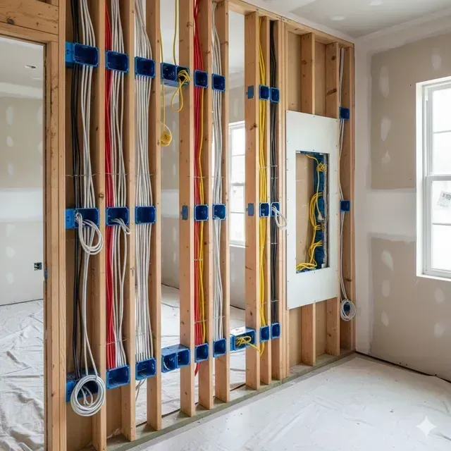 Interior wall with exposed electrical wiring, organized in blue supports. Wooden frame construction.