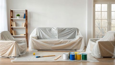 Living room prepared for painting, furniture covered, paint cans, brush, and drop cloths on floor.