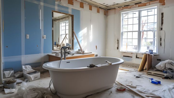 Bathroom under renovation, featuring a bathtub, window, mirror, and exposed construction materials.
