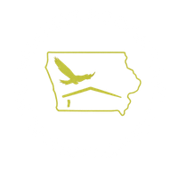 Hexagon logo with mountains, trees, and campfire in orange and blue. Company name is white.