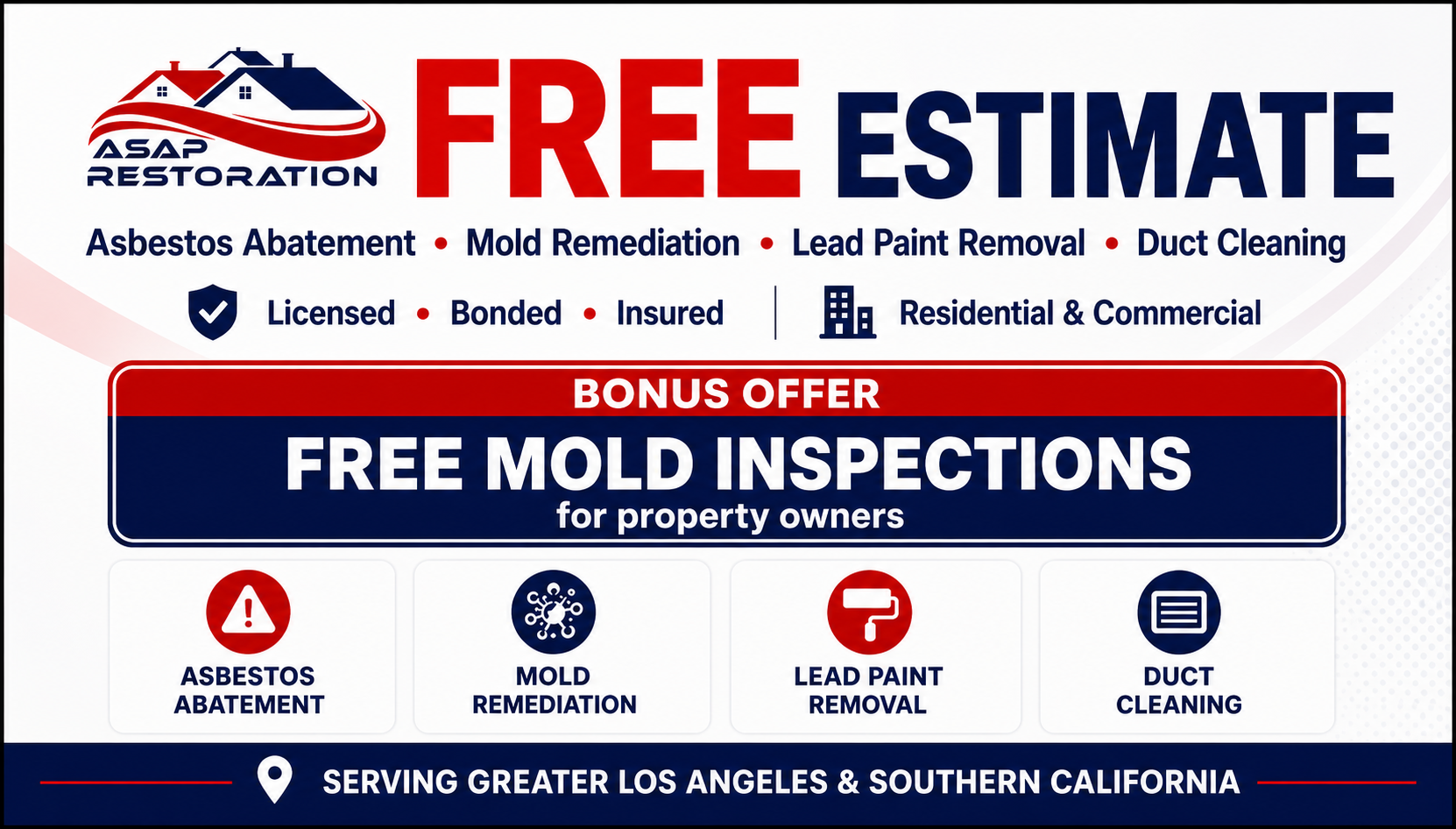Blue and red ad for Asbestos Abatement, Mold Remediation, Lead Paint Removal, and Duct Cleaning; free estimates and inspections.