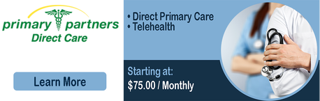 An ad for primary partners direct care shows a doctor holding a stethoscope