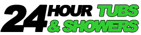 A logo with the black text "24 HOUR" above green text reading "TUBS & SHOWERS."