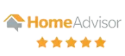 HomeAdvisor logo in orange and grey text, accompanied by five gold stars underneath.