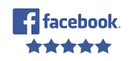 Facebook logo next to five blue stars representing a five-star rating.