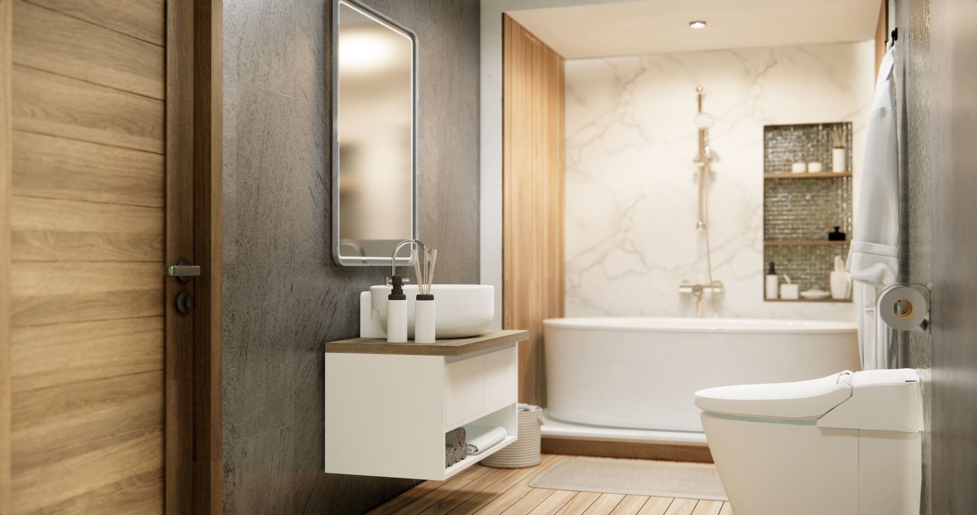 Modern bathroom with white tub, toilet, vanity, mirror, and wood accents in warm natural light