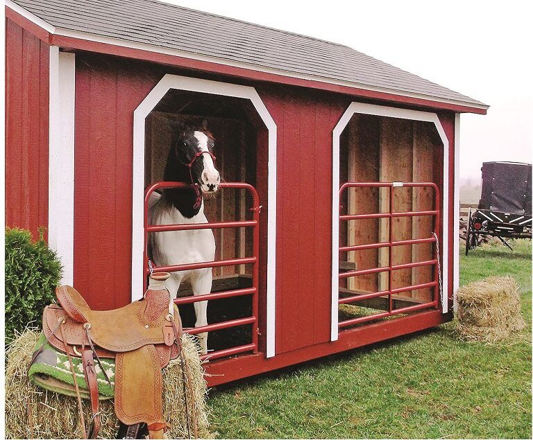 A horse stands in a red stable with a saddle in the foreground.