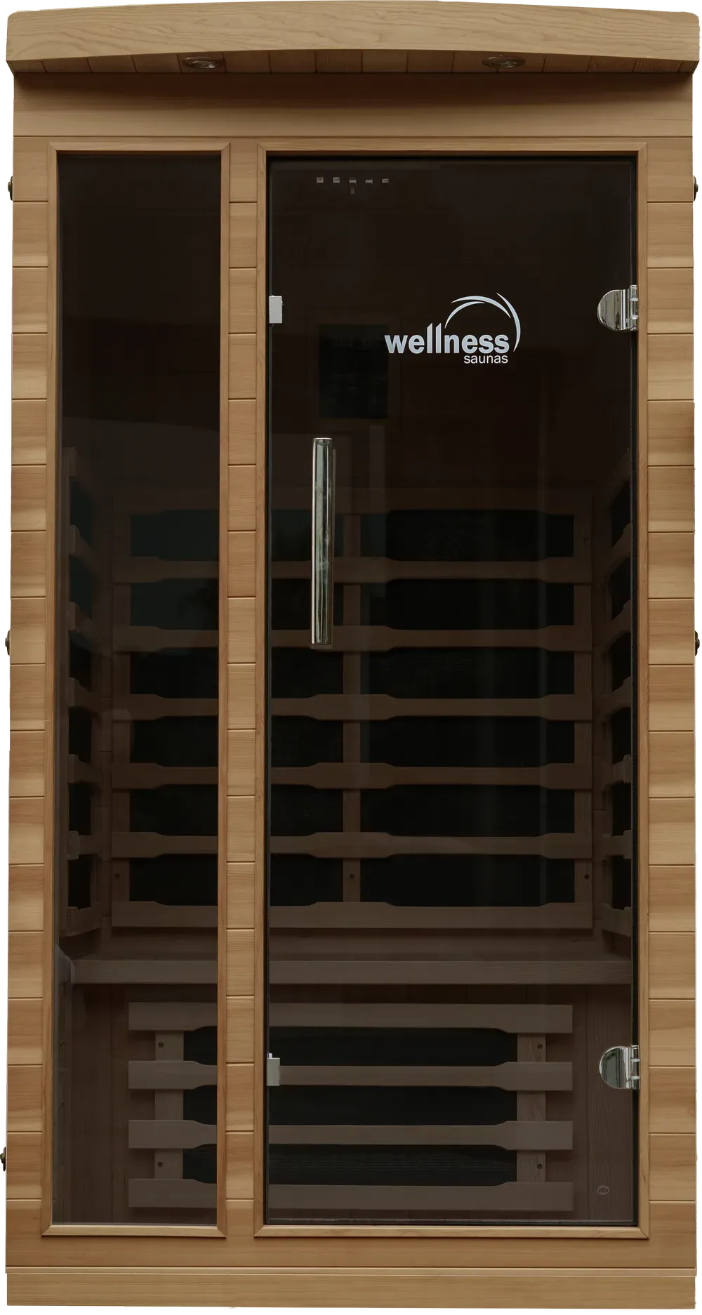 Wooden infrared sauna with glass door and side panel. — Intouch Pools & Spas in Forster, NSW
