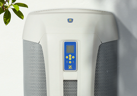 White pool heater with blue control panel, mounted on a white wall. — Intouch Pools & Spas in Forster, NSW