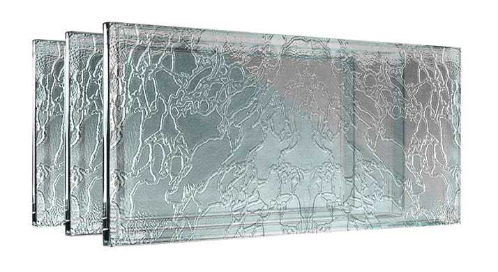 Three textured glass panels, light blue-grey, with a cracked ice pattern.