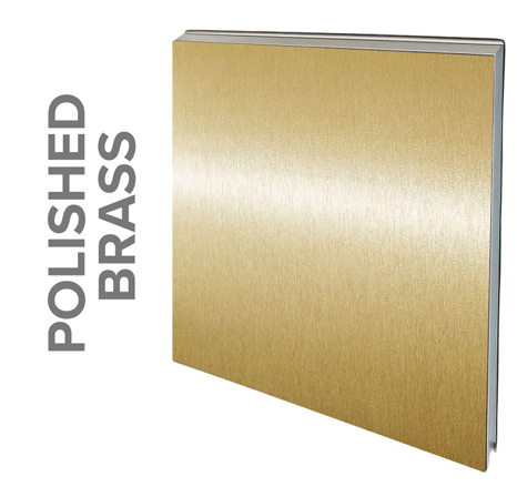 Polished brass panel with a silver frame, text 