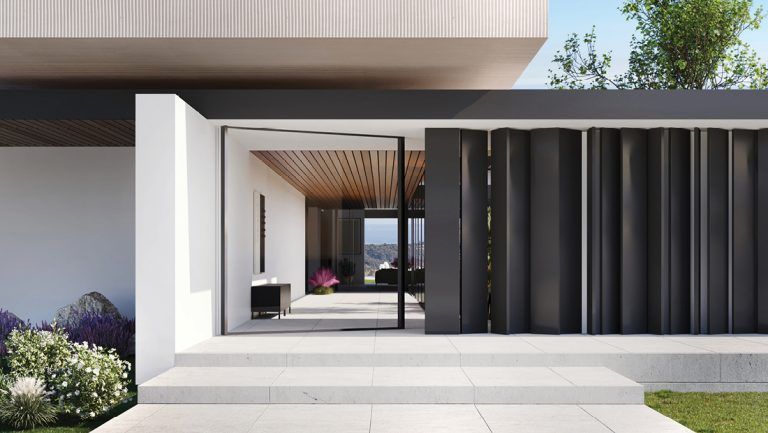 Modern home exterior with a glass entrance, dark vertical paneling, and steps leading to the front door.