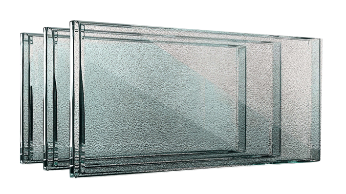 Four rectangular panes of frosted glass stacked slightly apart, illuminated.