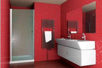 Red tiled bathroom with a shower, sink, and towel warmers.