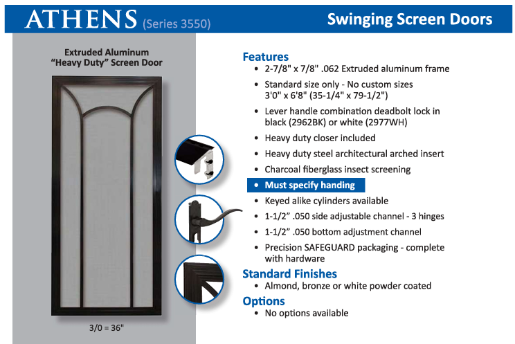 Athens swinging screen door with features and standard finishes listed.