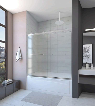 Modern bathroom with white tub, sliding glass shower doors, and a rain shower head.