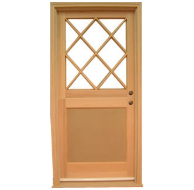 Wooden exterior door with diamond-shaped window panes above a solid panel; natural wood color.