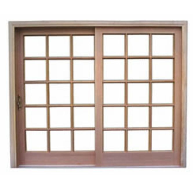 Sliding glass door with wooden frame and grid pattern, natural wood color.