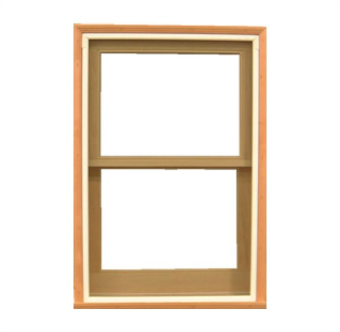 Vertical, double-hung window with tan frame, white trim, and a tan interior.
