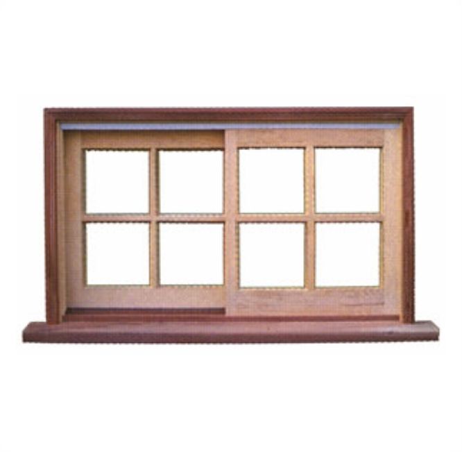 Wooden sliding window with eight panes, brown frame, and a ledge.