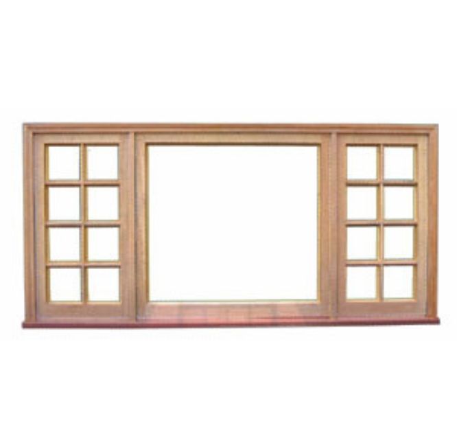Wooden window with three panes, center large, side panels with grid-like divided lights.