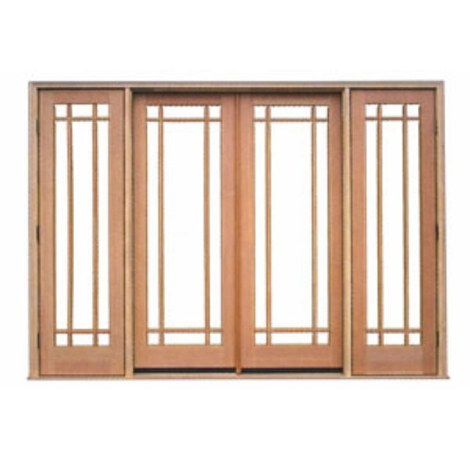 Wooden door with four panels and grid design.