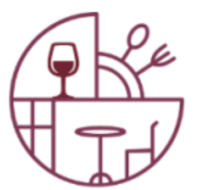 Un logo stilizzato di colore rosso scuro raffigurante un calice da vino, un piatto con posate e un tavolino con una sedia disposti in cerchio.